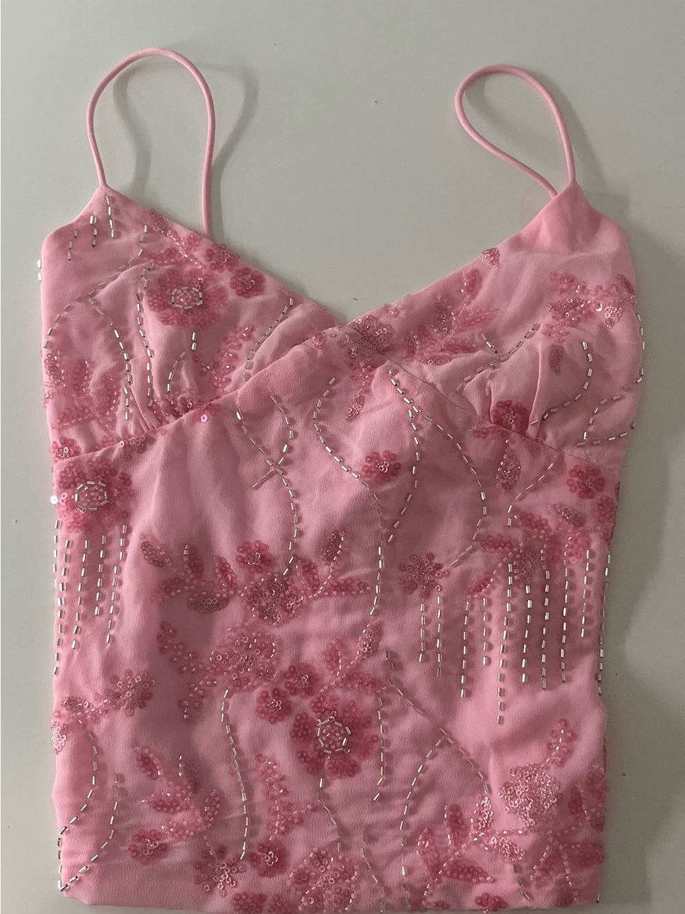 SHEIN Pink Beaded Floral Embellished Spaghetti Strap Tank Top